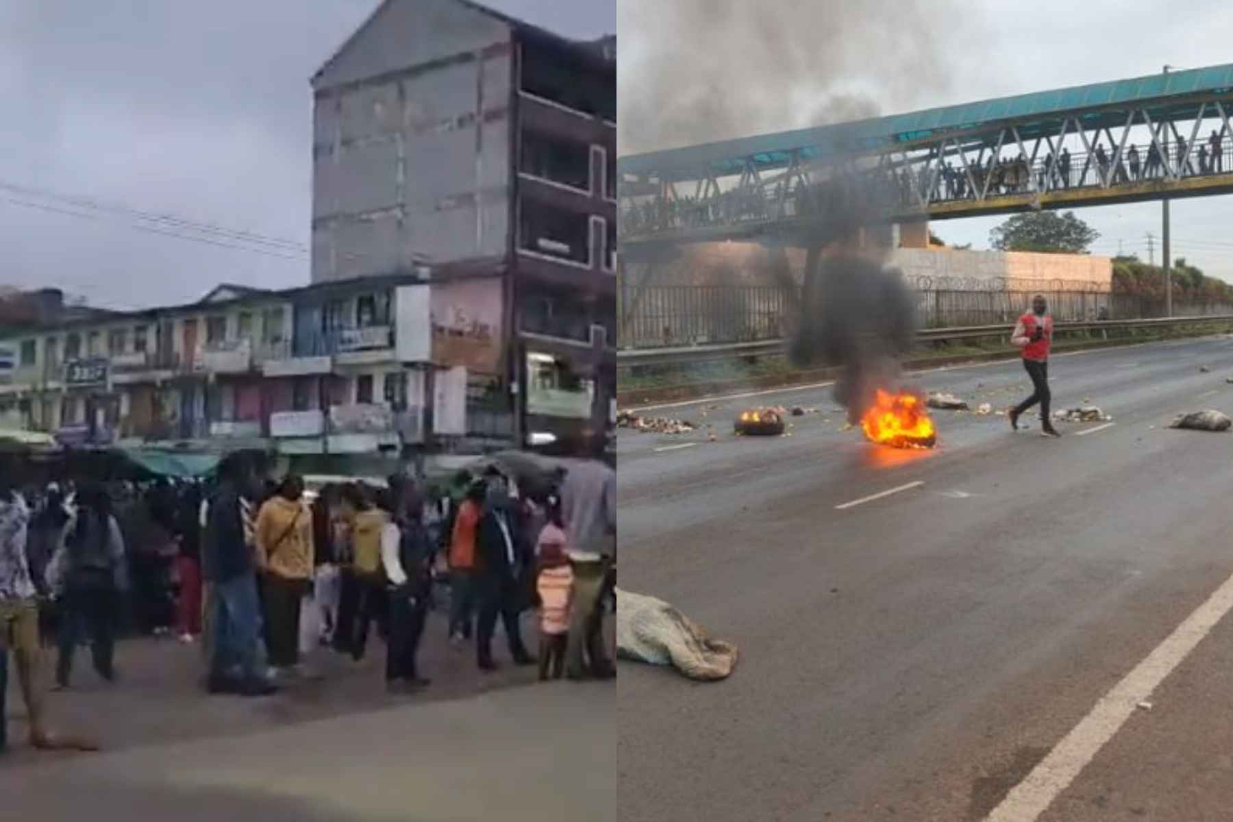 Collage photo of Kenyans stranded and a bonfire along Thika Road.